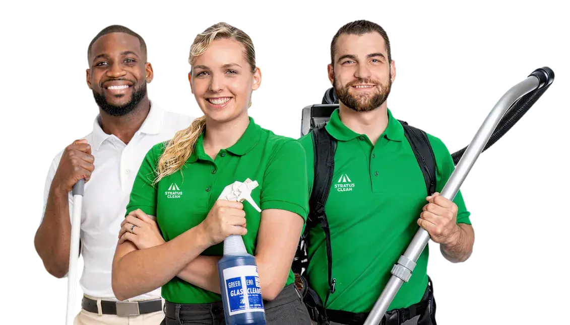 Three Stratus Clean uniformed cleaners ready for service