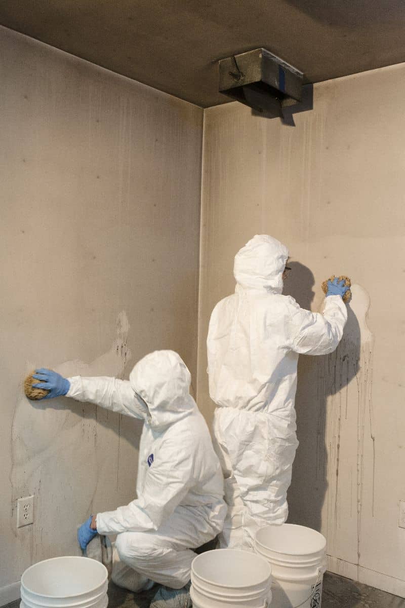 Fire Damage Restoration from Rainbow International Picture of restoration specialists cleaning fire damage.