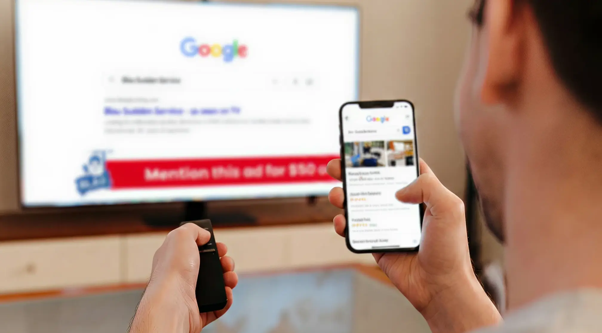 Customer using a phone while a trusted local brand appears on TV